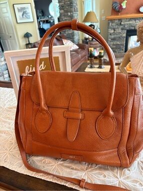 Heys International Cognac Pebbled Leather Satchel Crossbody Tote Bag